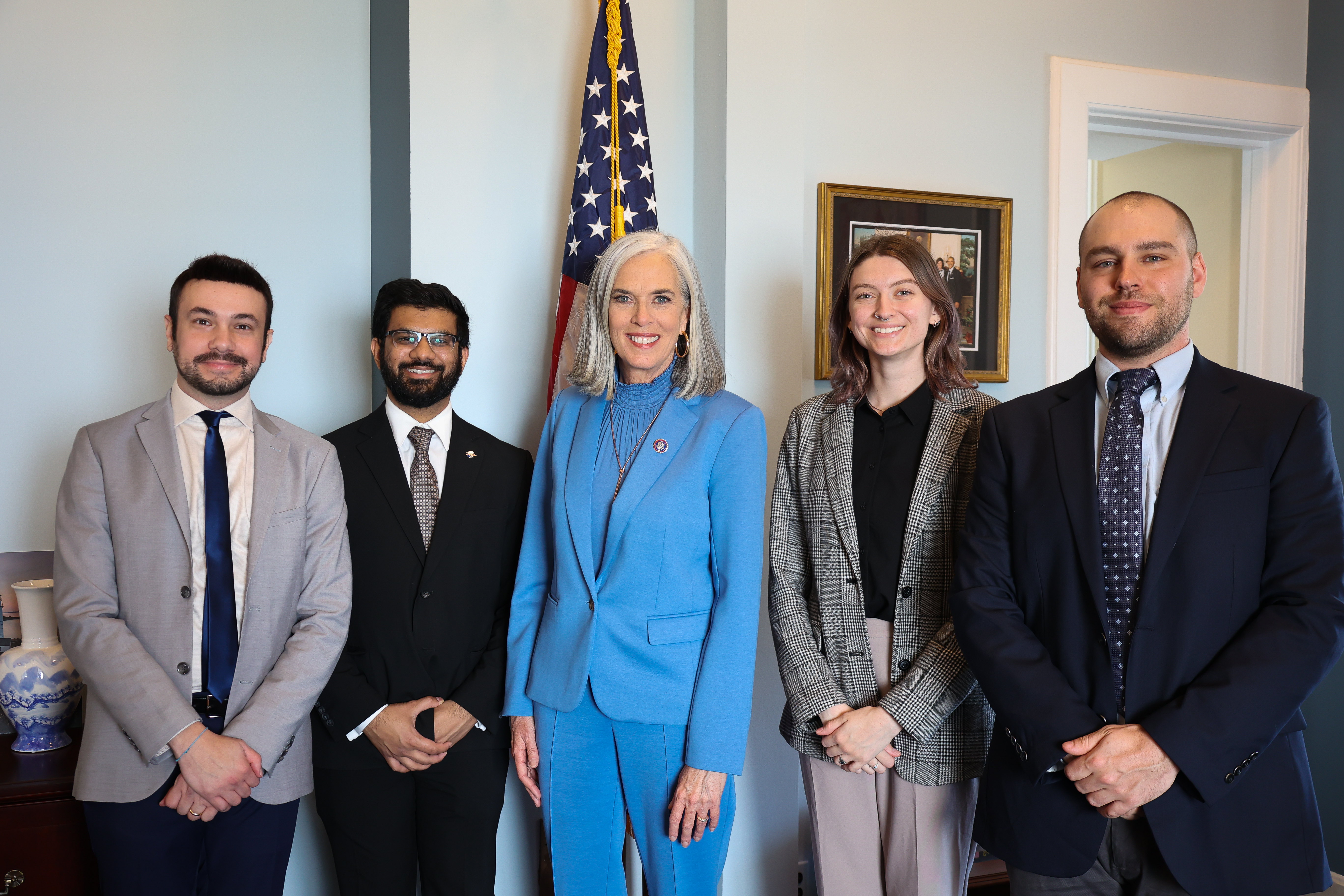 A picture of several AAS Congressional Visits Day Volunteers with Rep. Katherine Clark in her office. From left to right: Fabio Pacucci, Yaswant Devarakonda, Rep. Clark, Caeley Pittman, and Tim Sacco. 